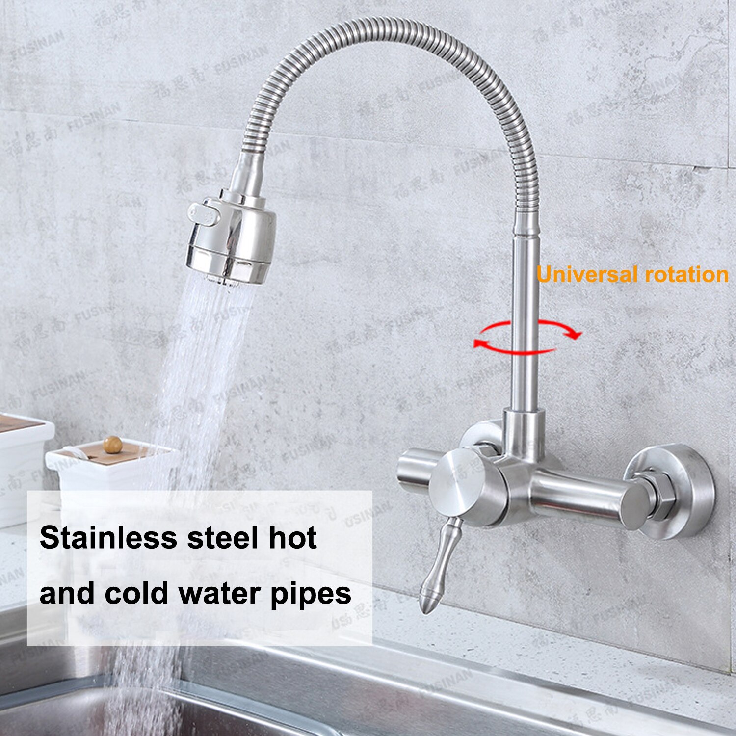 Wall Mounted Stainless Steel Brushed Single Universal Pipe Kitchen And Cold Water Faucet Sink