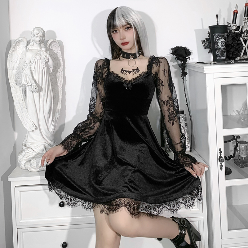 E-girl – Mini robe gothique noire Grunge, garniture en dentelle, taille haute, moulante, Y2K, Vintage des années 90, Punk, Harajuku, vêtements Lolita
