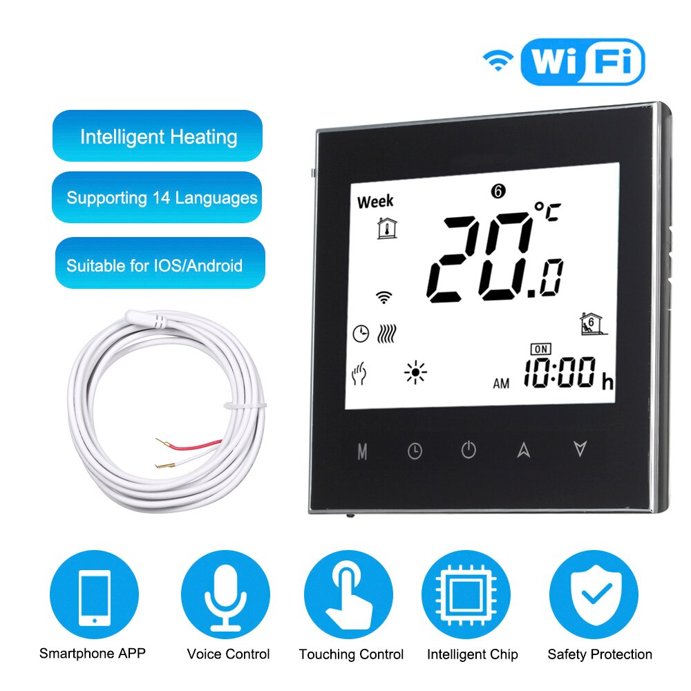 Digital thermostat AC 95-240V with WiFi voice control LCD touch screen for all electric heating systems floor heating thermostat: black with wifi