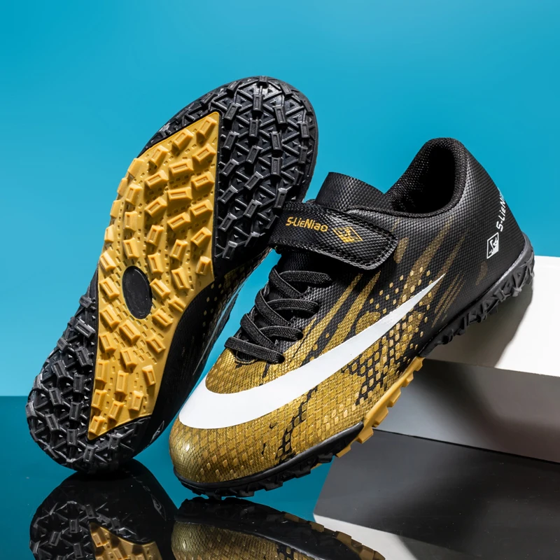 Originale fodboldstøvler til piger til drenge, røde fodboldstøvler, børnefodtøj, ungdom, baseballstøvler, futsal-træningsstøvler med græs, velcro: Sort / 32
