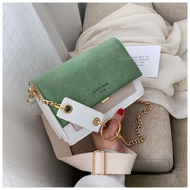 Scrub Leather Contrast Color Crossbody Bags For Women Chain Messenger Shoulder Bag Ladies Purses and Handbags Cross Body: Green