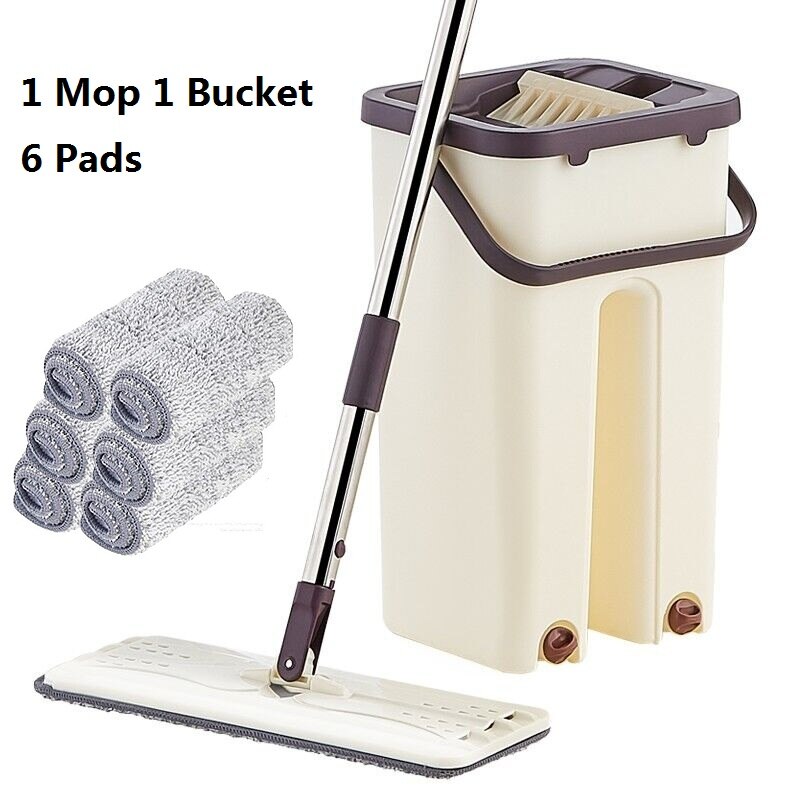 Selvrensende doven moppe flad klemme og spand håndfri vridning af gulv rengøring moppe våd eller tør brug automatisk centrifugering: 1 moppe 6 puder