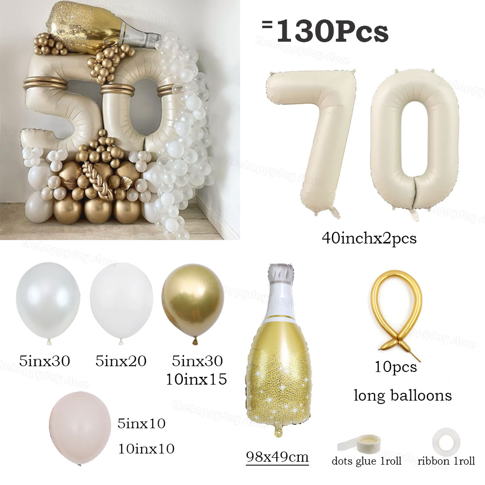 130 Uds. Juego de globos con números de oro blanco y arena crema, globos de aluminio con números de 40 pulgadas para decoraciones de de feliz 20 30 40 50 cumpleaños