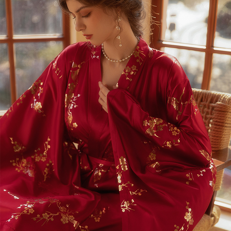 Bata Kimono Burdeos de lujo para mujer, albornoz Sexy con flor bronceadora, ropa de dormir , camisón para novia y boda