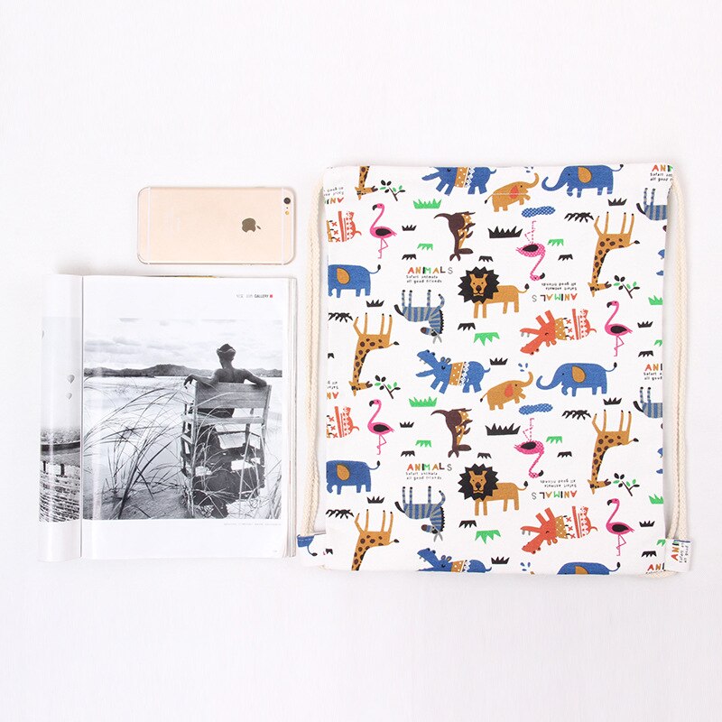 Originele cartoon trekkoordtas dierenprint dierentuin student schoenen tas schattige canvas reis opberg schouder trekkoord rugzak