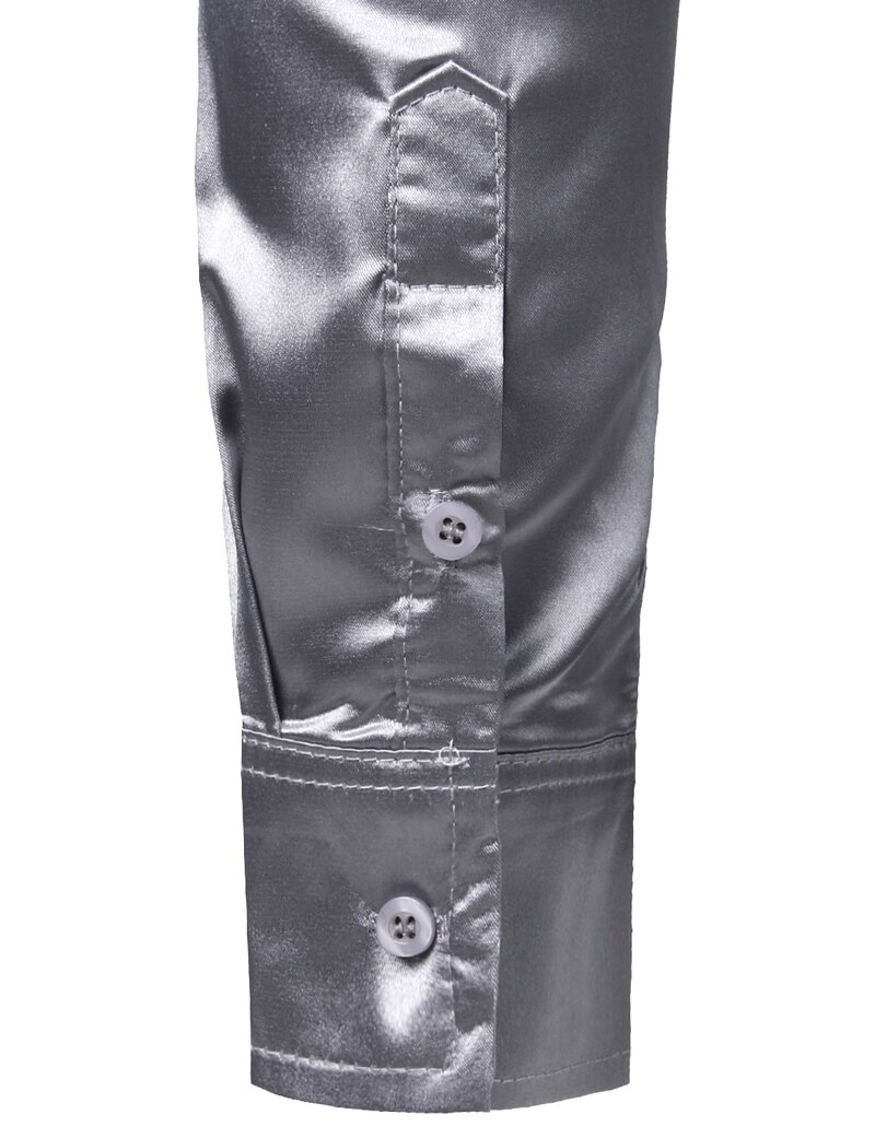 Heren zilverkleurige zijden satijnen overhemd met stropdas, slim fit overhemd met knoopjes, casual overhemd voor heren, feest, bruiloft, gala, podium, chemise