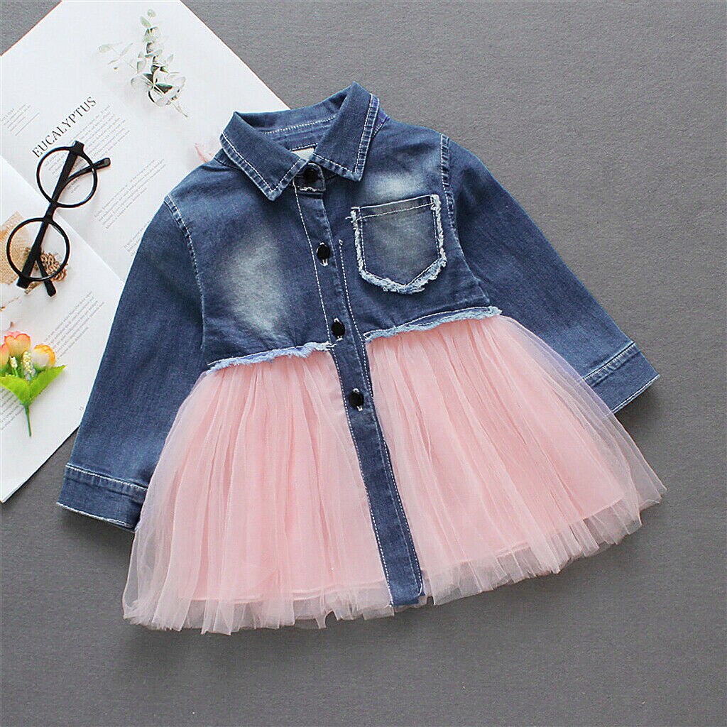 Kinderzomerkleding peuter babymeisjes denim jurk lange mouw feest casual tutu chiffon patchwork kinderjurken 6m-4t