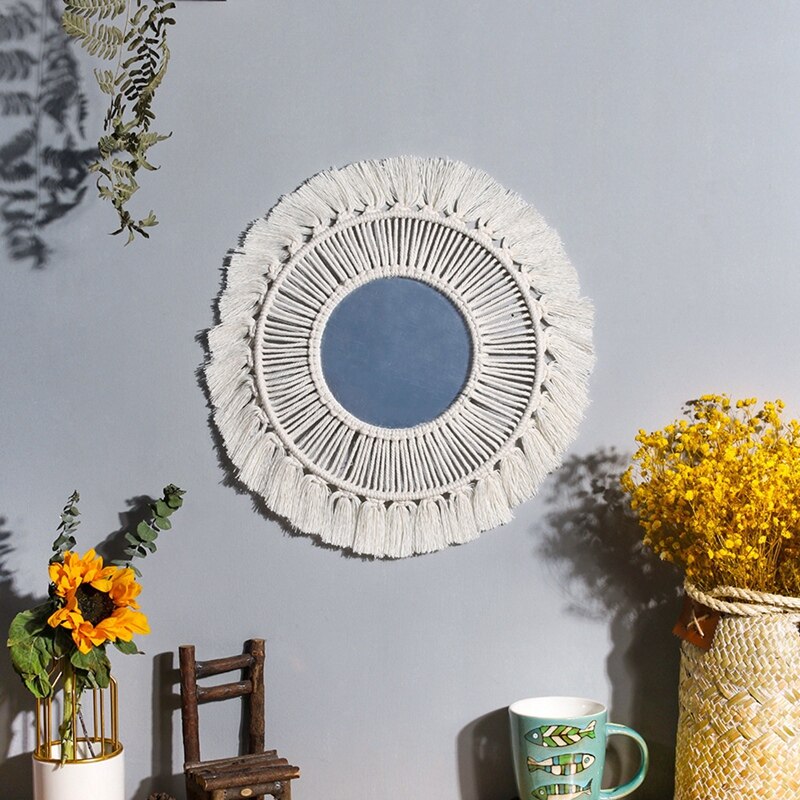 Round Macrame Mirror Wall Hanging Boho Home Decor Decorative Wall Mirrors For Living Room Bedroom Baby Nursery Decor: white