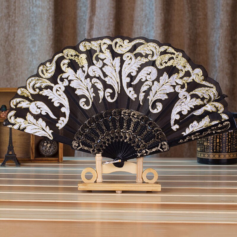 Ventilador plegable de poliéster con patrón de flores, 7 estilos, estilo chino tradicional de encaje con bronce, abanico plegable de tela ventilador plegable, decoración del hogar 1 unidad: 8