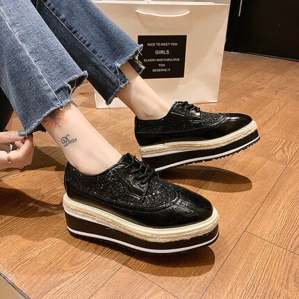 Våren dam fyrkantig klack snörning knä höga långa stövlar bling strass läder plattformsstövlar svarta zapatos de mujer: Svart / 36