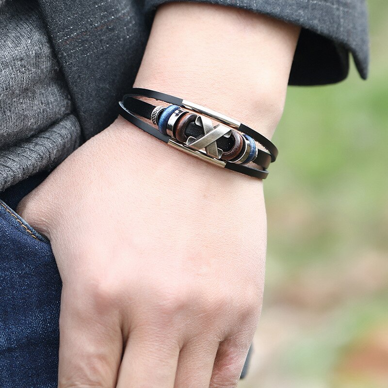 Nouveaux Bracelets en cuir pour hommes et femmes, breloques enroulées en cercle métallique, multicouches tressées, bijoux ajustables: B
