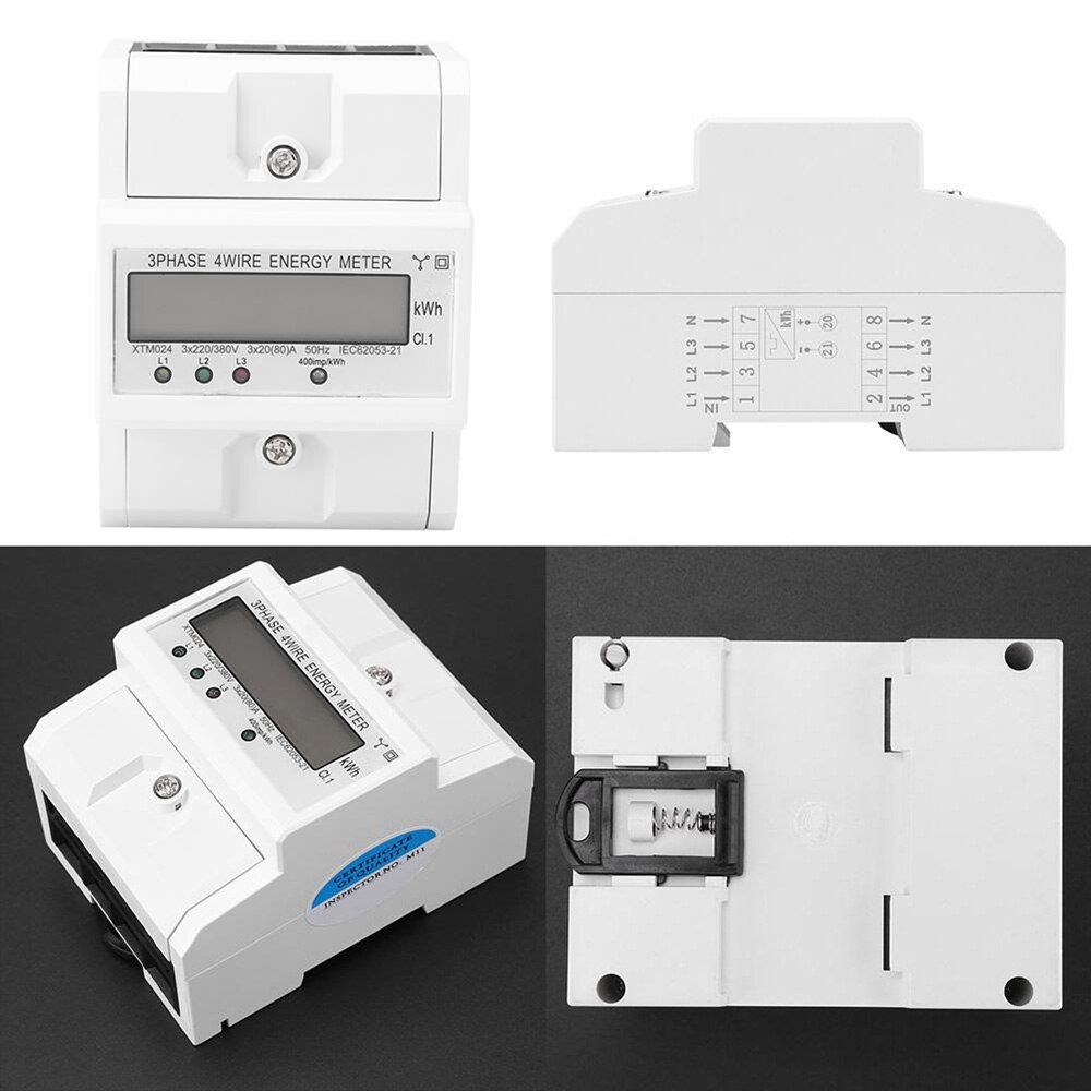 Din Rail 3 Phase 4 Wire Electronic KWh Consumption Energy Meter Meter kWh 80A 380V AC 50Hz LCD Backlight Display