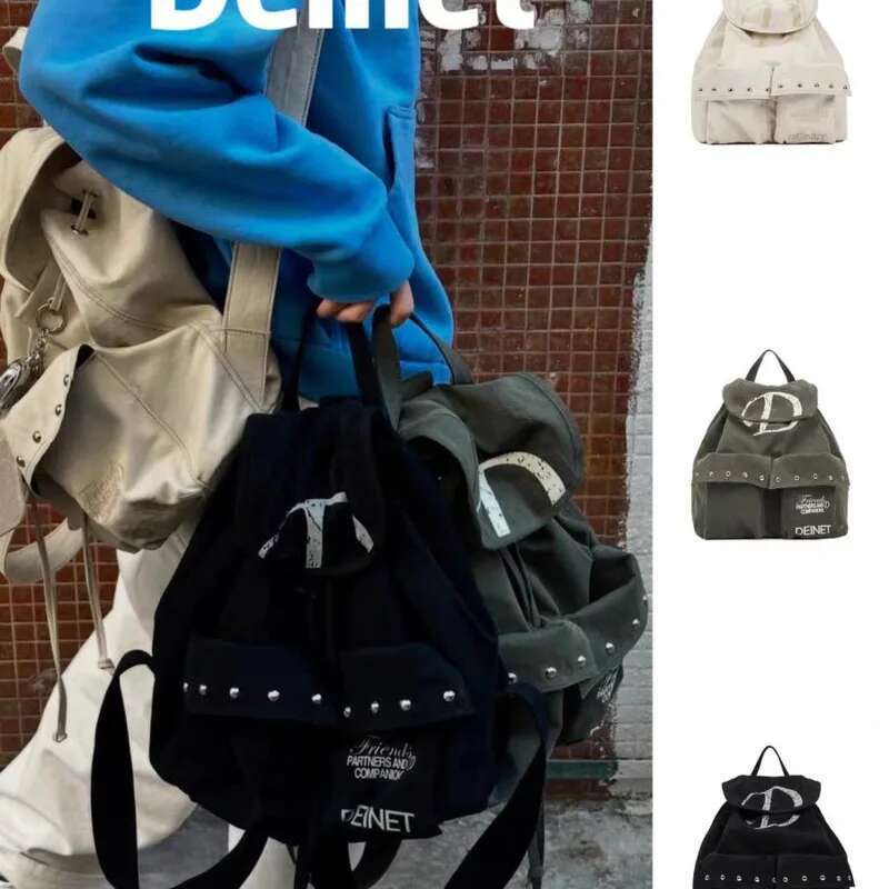 Mochila con cordón de lona con remaches para hombre y mujer, bolso decorativo de gran capacidad, sencillo, informal, Unisex, Y2k, con dos bolsillos