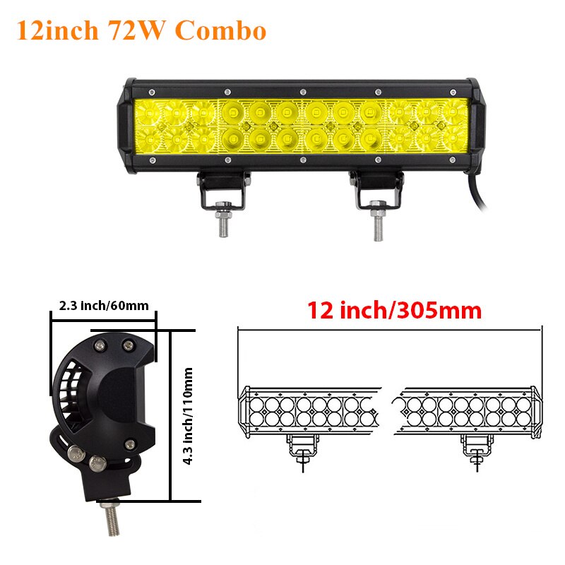 Skyworld amarelo conduziu a barra de luz 4 12 14 17 20 23 25 28 36 polegada trabalho lâmpada combo feixe condução offroad para o caminhão do carro suv atv 4x4 uaz: 12inch 72w