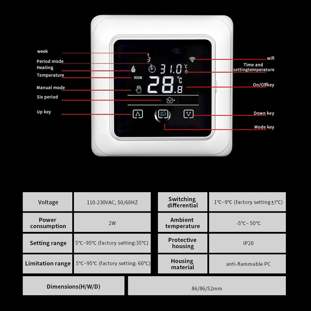 Trådlös programmerbar termostat med wifi elvärme med lcd pekskärm smart golvvärmepanna