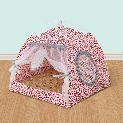 Prinses huisdier hond kat opvouwbare tent bed ademend kitten hondenhok gaas katten puppy kennel vier seizoenen kussen kat huisdier tipi: Luipaardroze / M