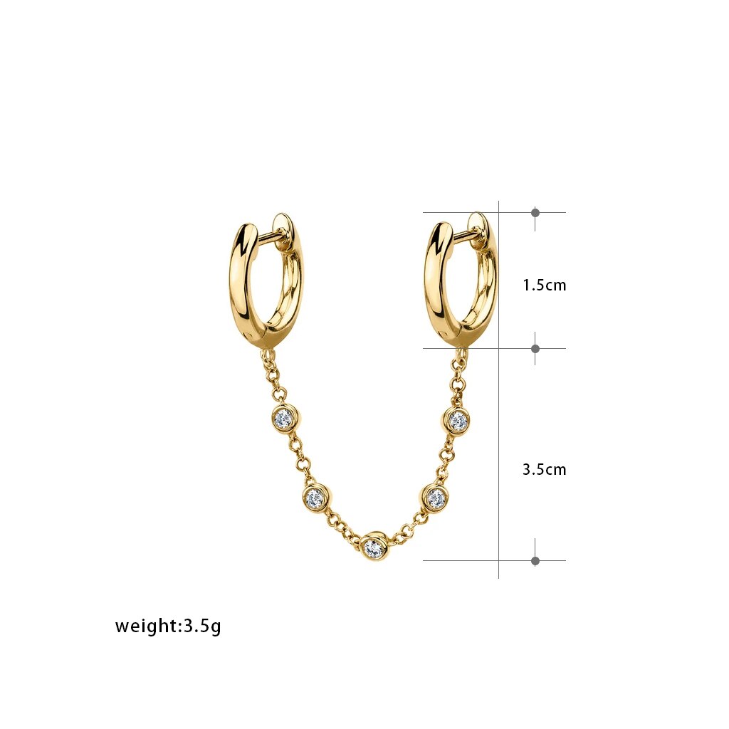 Stil cz zirkon kæde 2 hul dobbelt piercing ørering til kvinder guld små huggie hoop øreringe brusk smykker