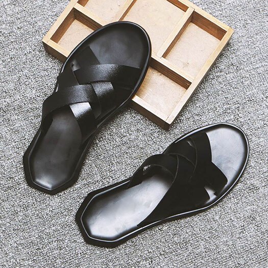 waterproof open toe slippers slides strap leather shoes roman outdoor water men gladiator sandals summer white black: Black / 41
