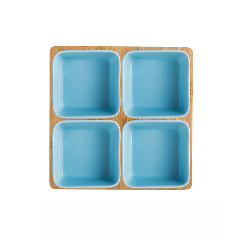 Firkantet keramik frugtfad keramisk fad salat tallerken porcelæn snacks slik nøddesesserter øko naturlig serverings bambus bakke sæt: 4 stk. himmelblå