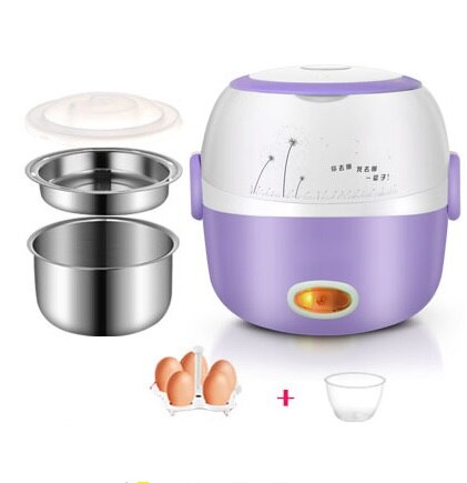 Thermal Heating Electric Lunch Box 2 Layers Portable Food Steamer Cooking Container Meal Lunchbox Warmer Mini Rice Cooker: PURPLE