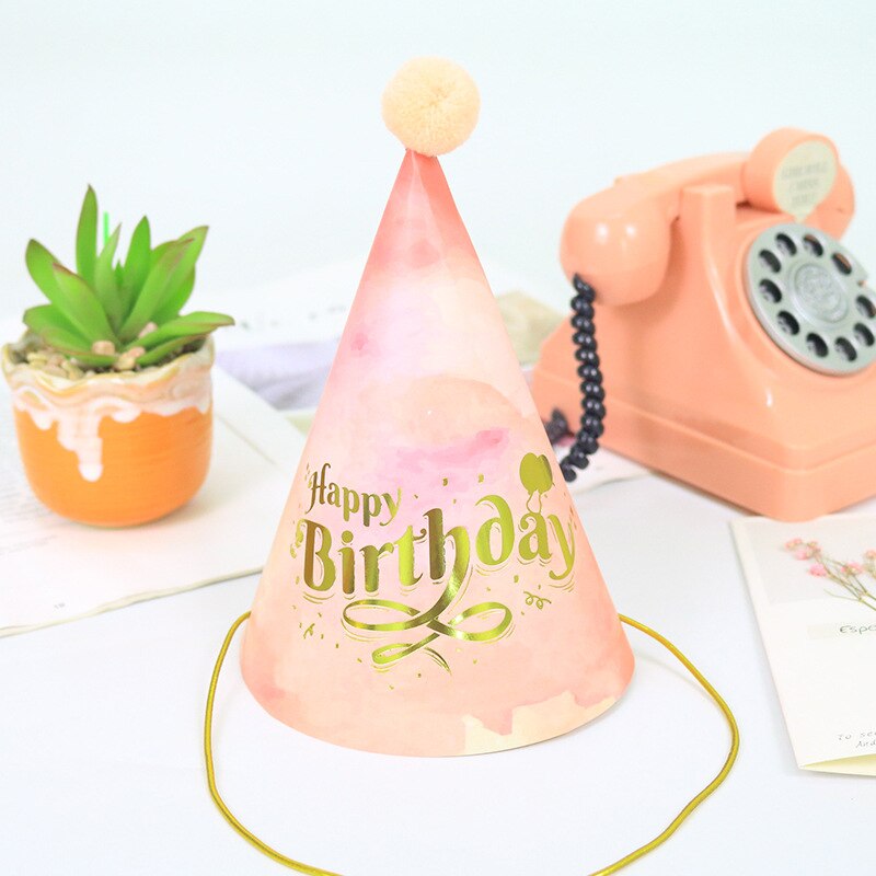 Happy Birthday Party Hats Colorful Paper Cap With Wool Ball First Birthday Hats Child Princess Crown Party Supplies Baby Shower: Color 3