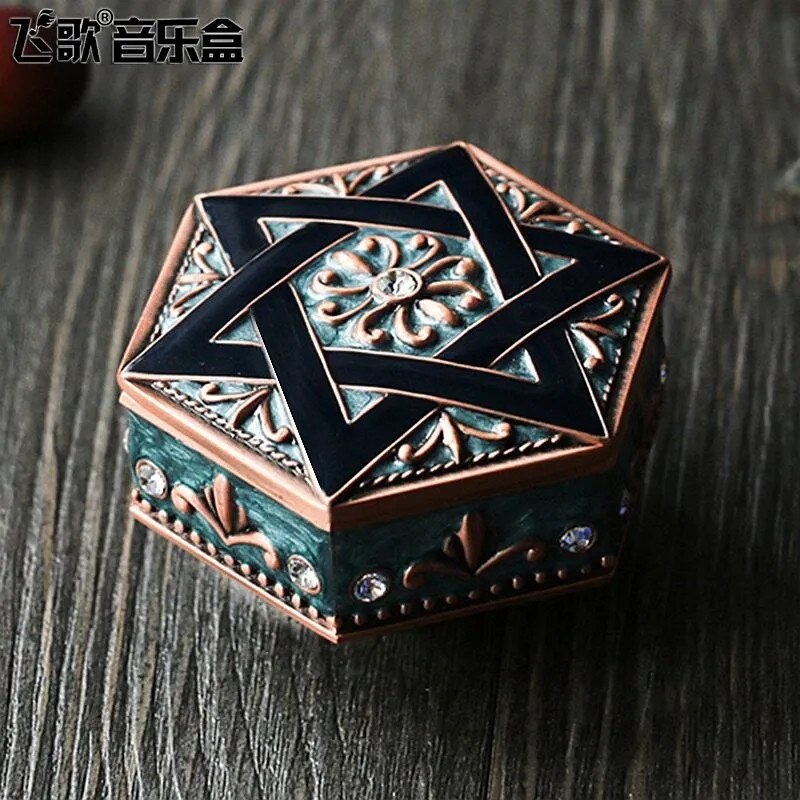 Home decoration retro piano metal music box birthday rotating music box hexagonal wedding decoration