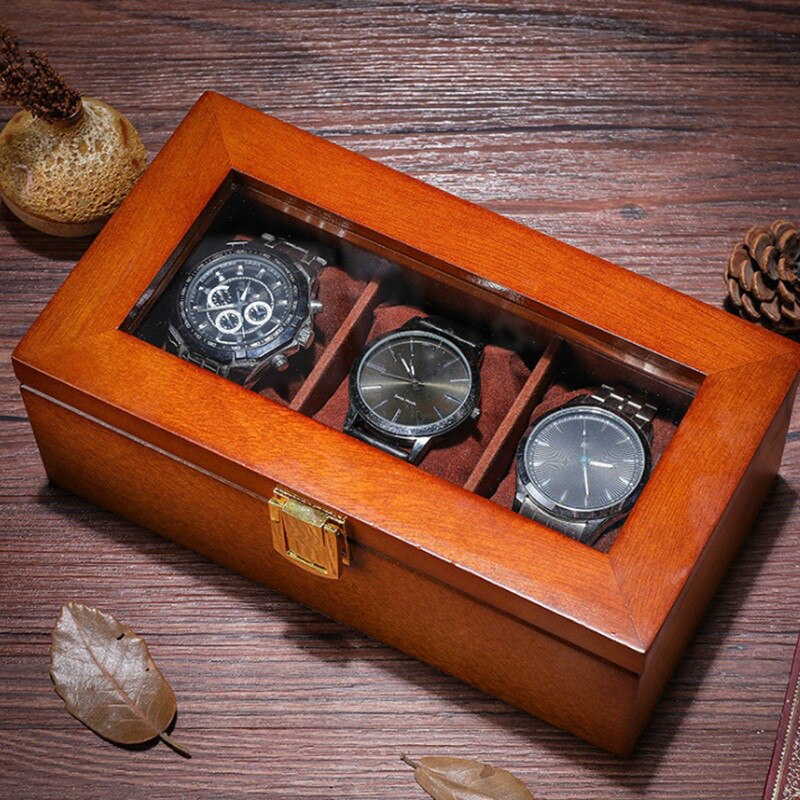 3 Slots Luxury Wood Watch Box Case Organizer with Lock Jewelry Storage Holder Case: 2