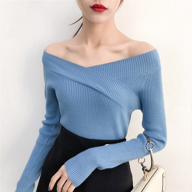 V-ringad tvinnad ryggtröja dam tröjor hösttröjor casual toppar långärmade stickade tröjor off shoulder pull femme: Blå