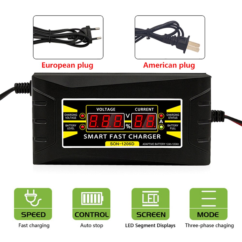 LEEPEE 150V-250V Lead Acid Battery-chargers LCD Display US EU Plug 12V 6A Smart Fast Power Charging Suitable for Car Motorcycle
