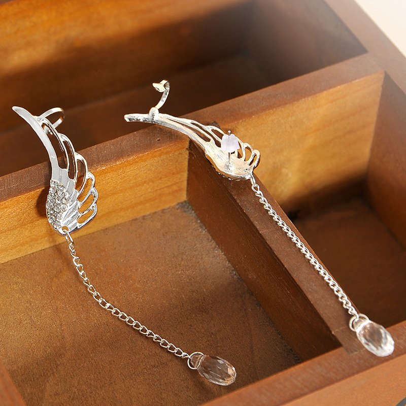 YOYORan 1 Pair crystal wing water clip earring for woman fear cuff feather long chain bead charm clip earring ear cuff jewelry