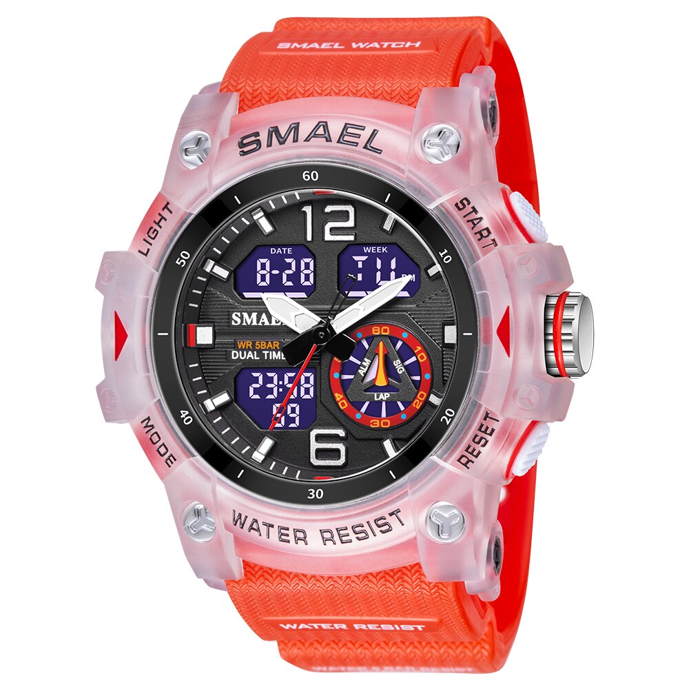 SMAEL – montre de sport pour hommes, double affichage LED, numérique, Quartz, étanche, chronomètre pour étudiants, horloge pour jeunes: Rouge
