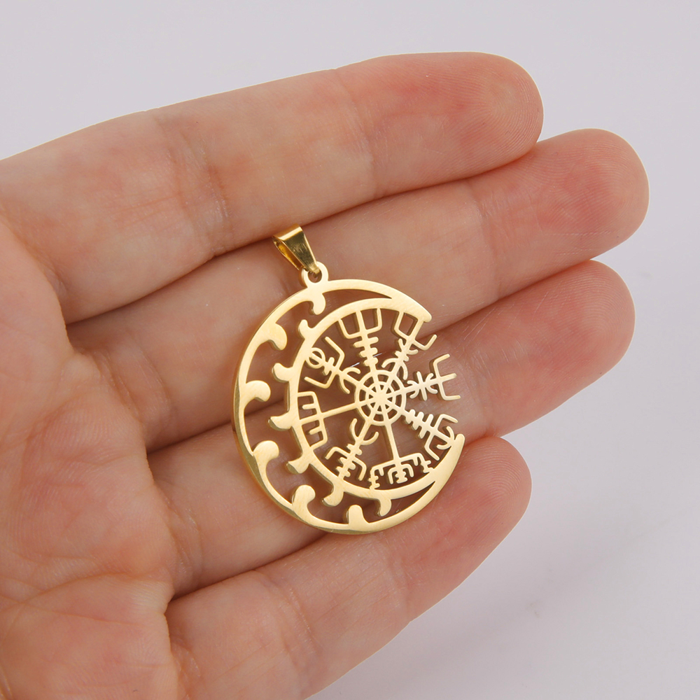 Dawapara Viking Compass Vegvisir Pendant Crescent Amulet Runes Circle Stainless Steel Charms for Jewelry Making Nordic