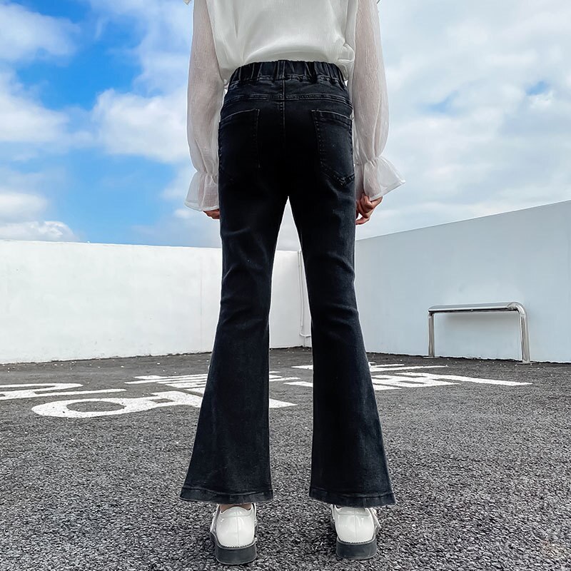 Jeans For Girls Black Boot Cut Pants with Pearl Casual Style Kids Elastic Split Flare Pants Spring Autumn Clothes 6 8 10 12 14Y