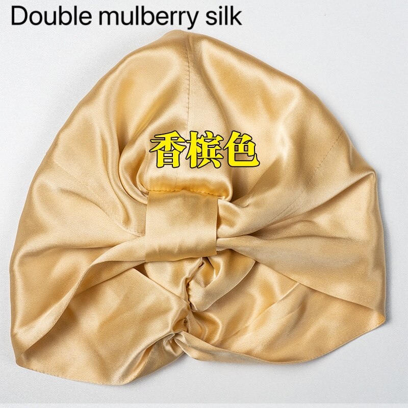 100% puro seda amoreira elástica noite boné amoreira seda envoltório de cabelo dormir gorro para mulher 19 momme sleeping cap único/duplo: Champange 02