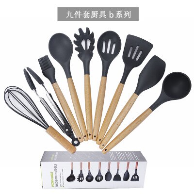 11pcs Silicone wooden handle kitchen utensils non-stick pan shovel tool set soup ladle cooking kitchen tool silicone kitchen: 9pcs  B set meal