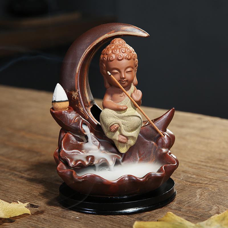 Small Buddha Backflow Incense Burner Smoke Waterfall Incense Sticks Holder Ceramic Lotus Flower Incense Censer Decorative Buddha: yellow