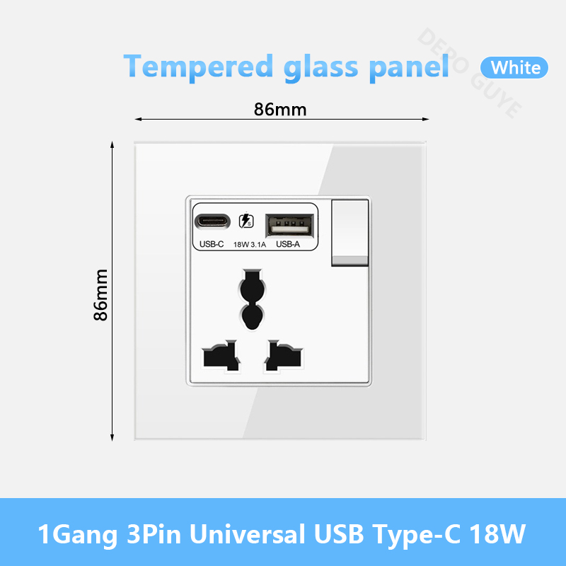 Universal Wall Socket 18W Type-C Fast Charging Plug Outlet,Glass Double 3-Pin Power Socket with DC 5V 3.1A Type-c USB Charger