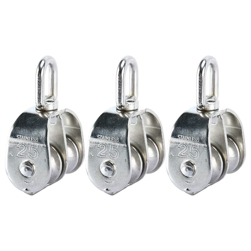 3 Pack M25 Double Pulley Block in 304 Stainless Steel Crane Swivel Hook Double Pulley Roller Loading