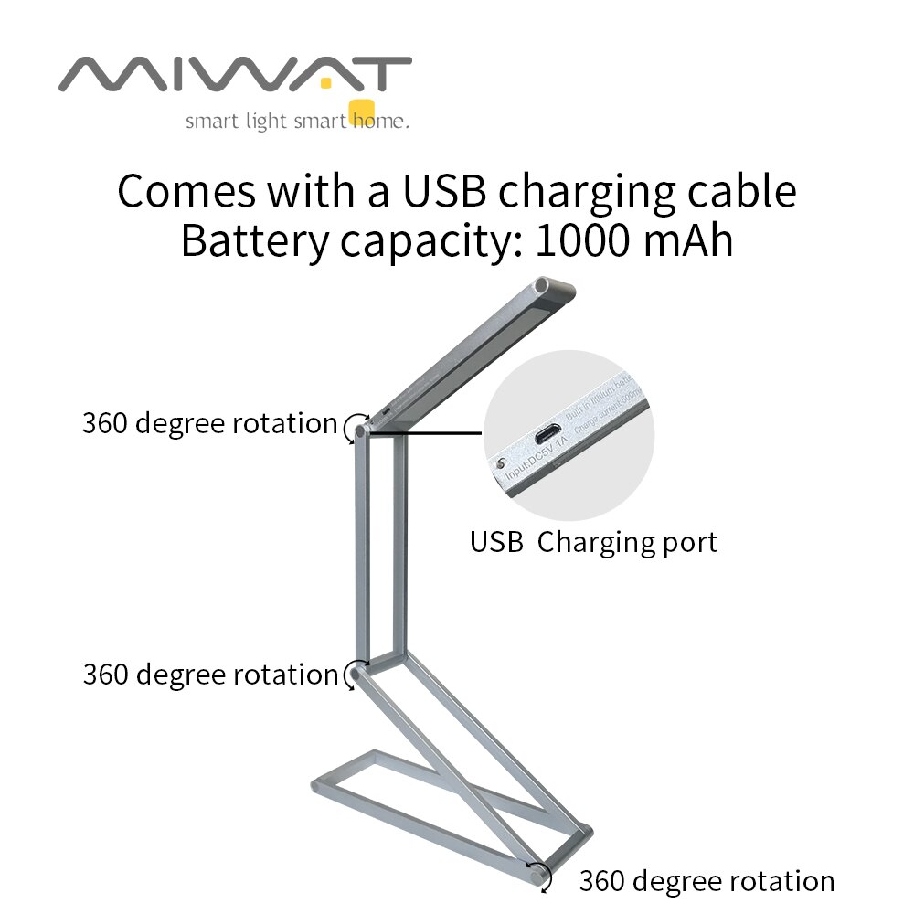 Lámpara de lectura de escritorio LED mesa de oficina protección ocular luz USB recargable batería de estudio lámpara de mesa plegable 3 niveles regulable DC5V