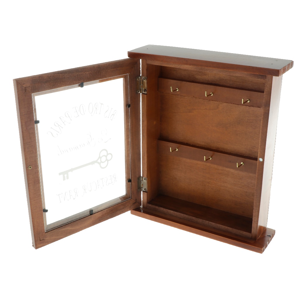 Pastoral Style Key Cabinet Wooden Key Holder Box Wall Mounted Decorative Key Rack with 6 Hooks for Home Office 21x6x25cm.