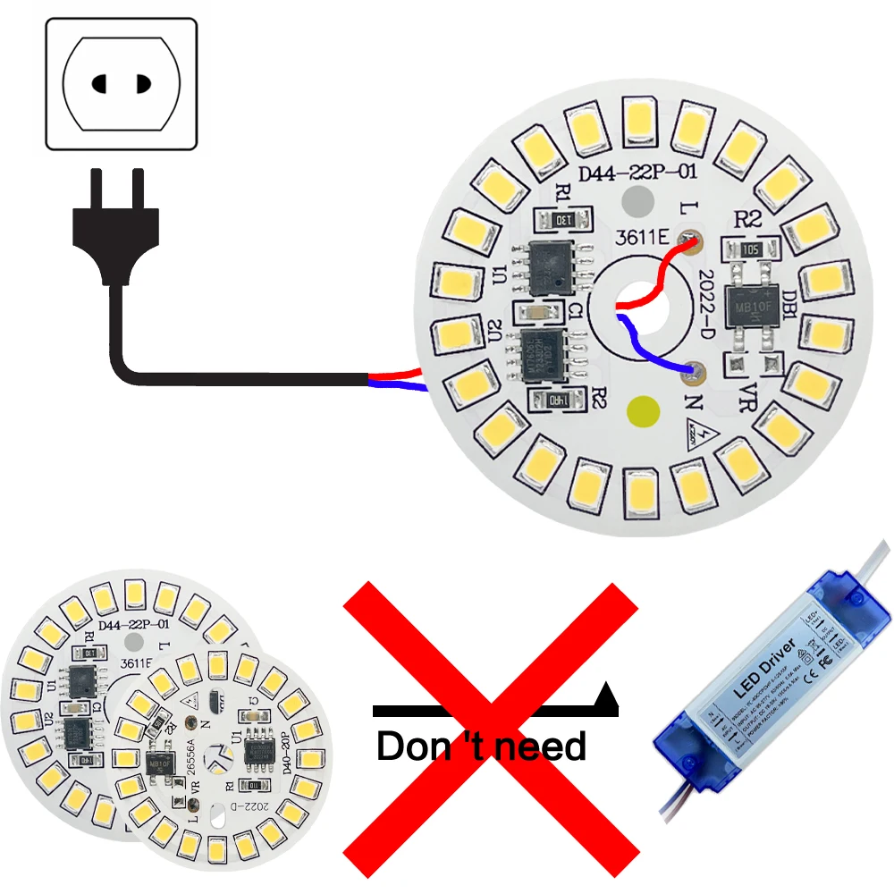 10 Uds. Chip de bombilla LED sin controlador 18W 15W 12W 9W 7W 5W 3W SMD 2835 cuenta de lámpara redonda AC 220V bombilla Chip iluminación foco luz jabalí