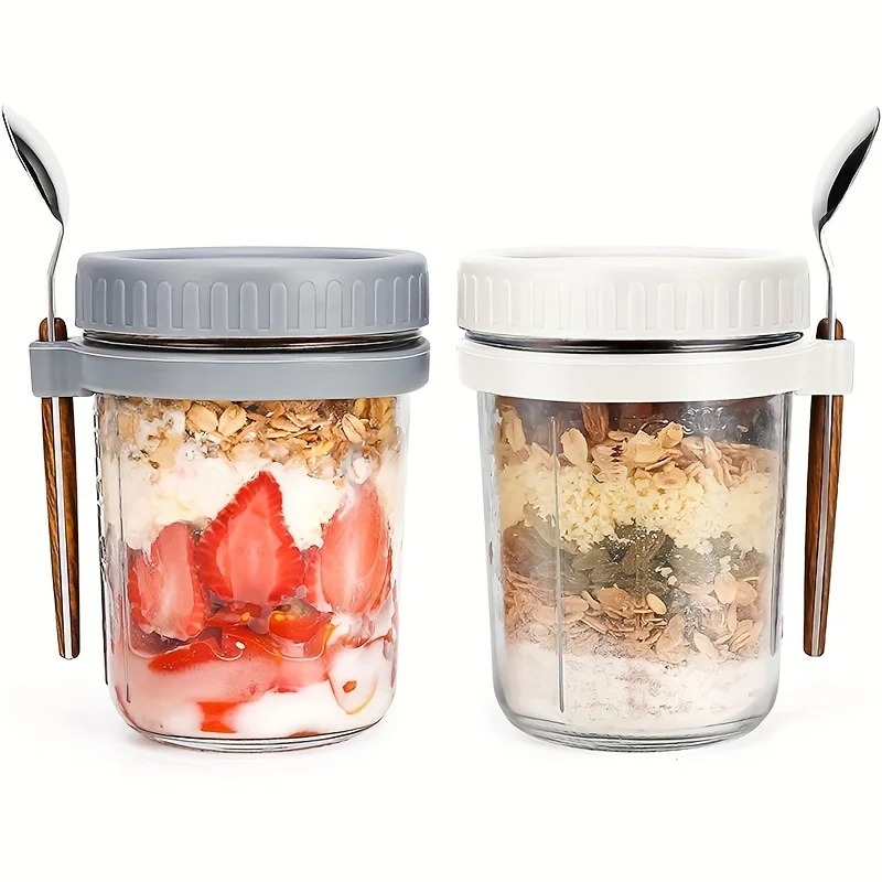 Taza de avena nocturna de 350ML, vaso con tapa y cuchara, taza para desayuno, taza portátil para cereales, leche, ensalada, yogur, artículo de cocina