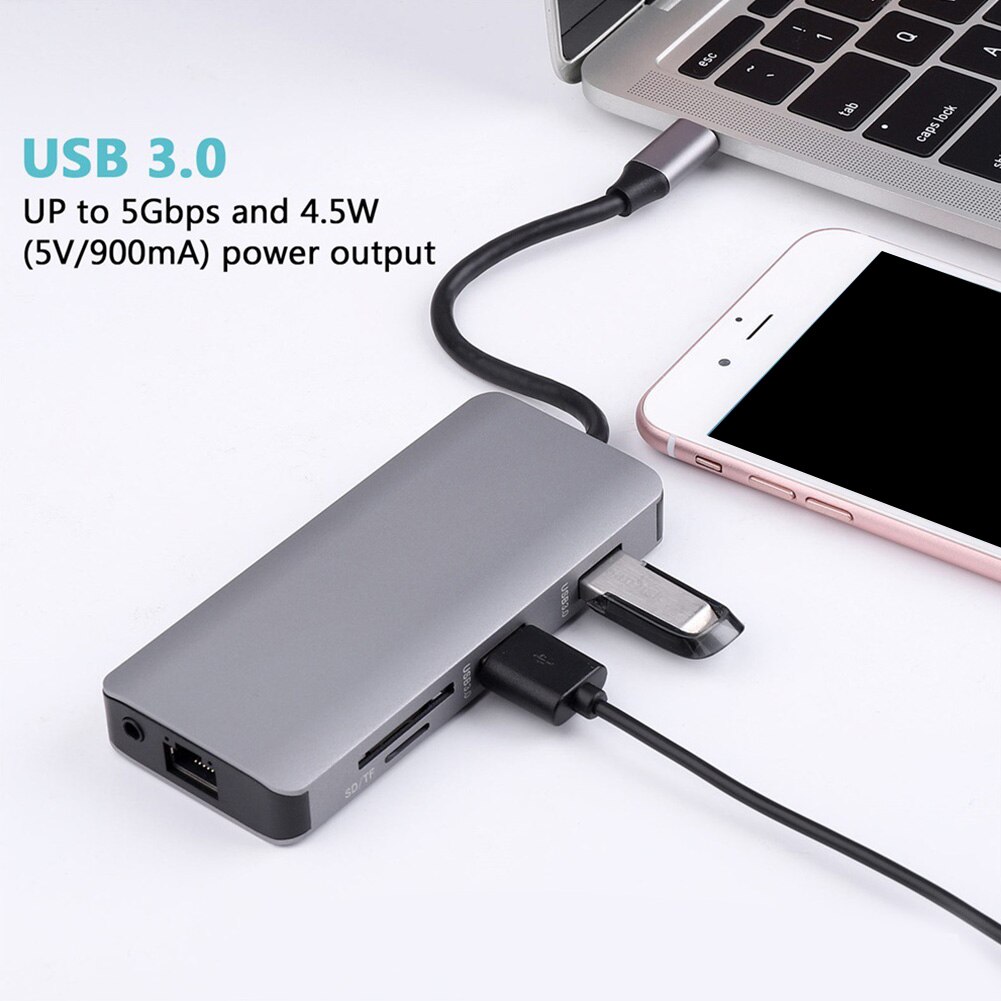 Cable Concentrator Audio Port Power Output RJ 45 HDMI VGA Video USB C Hub PD3.0 Adapter Computer Network 9 In 1 Grey Card Reader