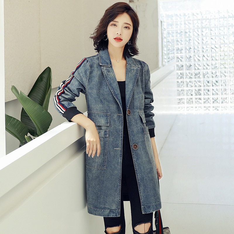 Chaqueta vaquera lavada para Mujer, abrigo cortavientos, ropa de calle, gabardinas largas de otoño,