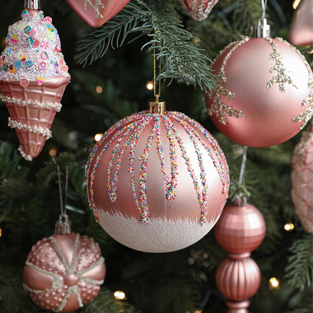 Pink Christmas Balls Pendants Pinecone Ice Cream Xmas Tree Hanging Ornaments Shatterproof Pentagram Merry Christmas Decor