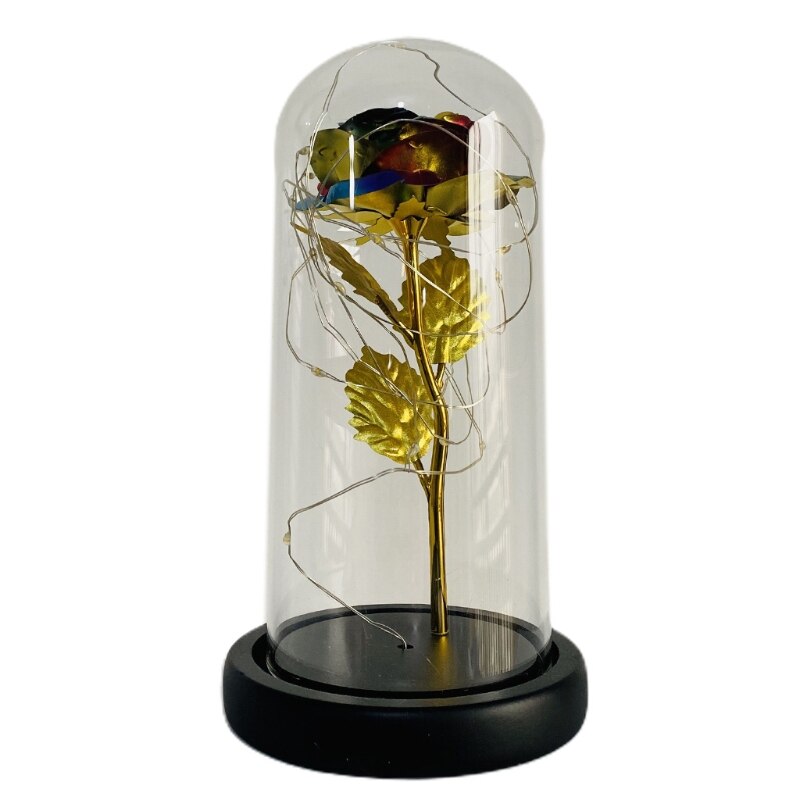 Gold Foil Rose Flower Bear in Glass Dome with LED Night Light Mothers Day Valentine's Day Wedding Party Decoration: 5