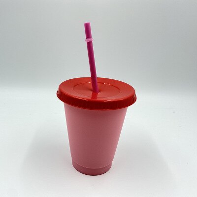 Color Changing Cold Drink Cups Reusable Temperature-Sensitive Plastic Colorful Coffee Cup with Lids and Straws: 480ml red