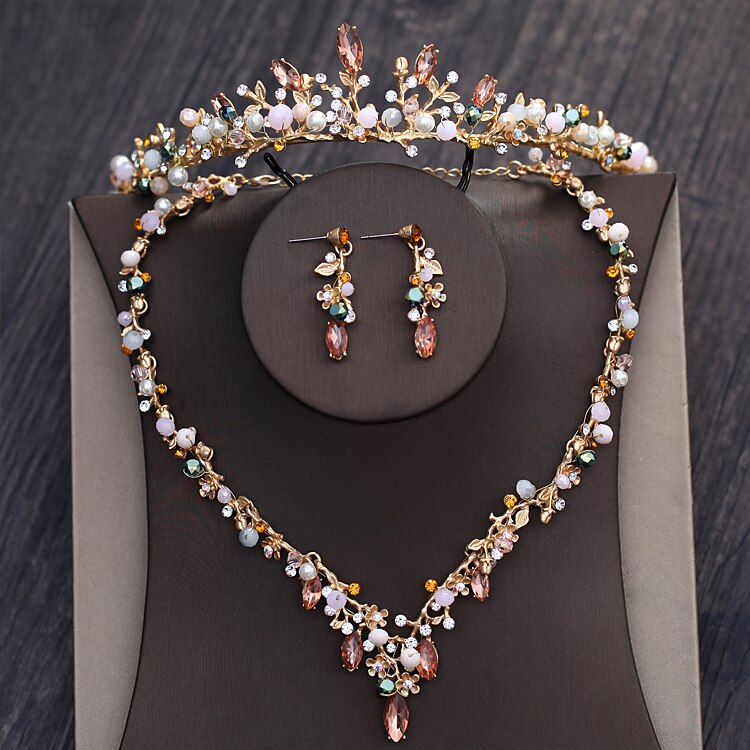 Barokke Vintage Gold Crystal Kralen Bridal Sieraden Sets Rhinestone Diadeem Kronen Kettingen Oorbellen Set Bruiloft Haar Accessoires