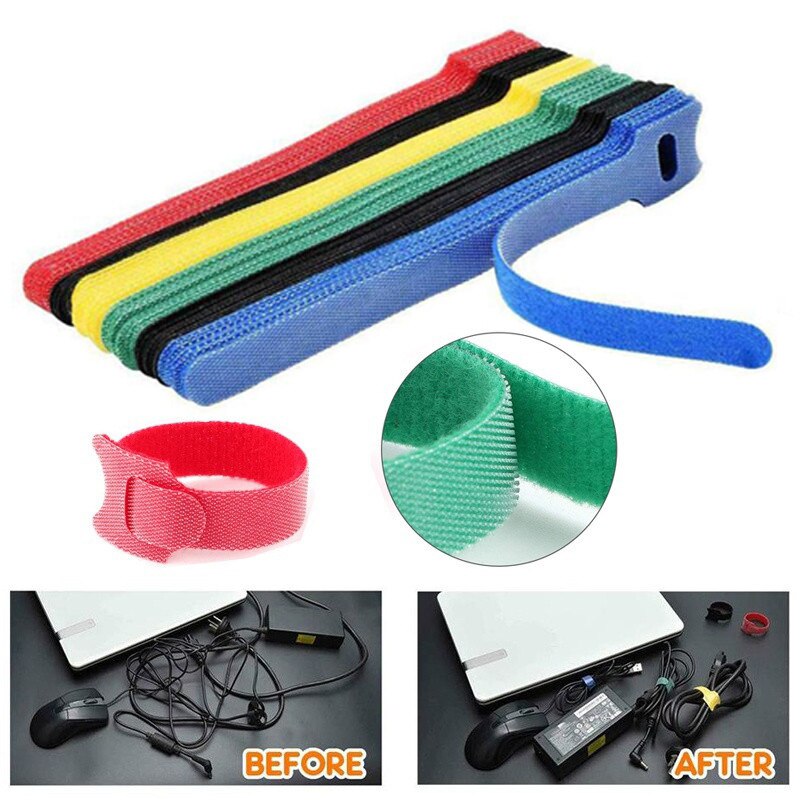 30 Pcs Color Velcro Cable Strap Nylon Cable Ties Magical Glue Self-adhesive Tape and Battery Rod Ring Belt Strap Tie Hook Ring