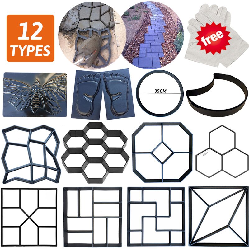 12Type DIY Garden Walk Pavement Mold Reusable Path Maker Concrete Molds Manually Paving Cement Brick Stone Road Concrete Molds
